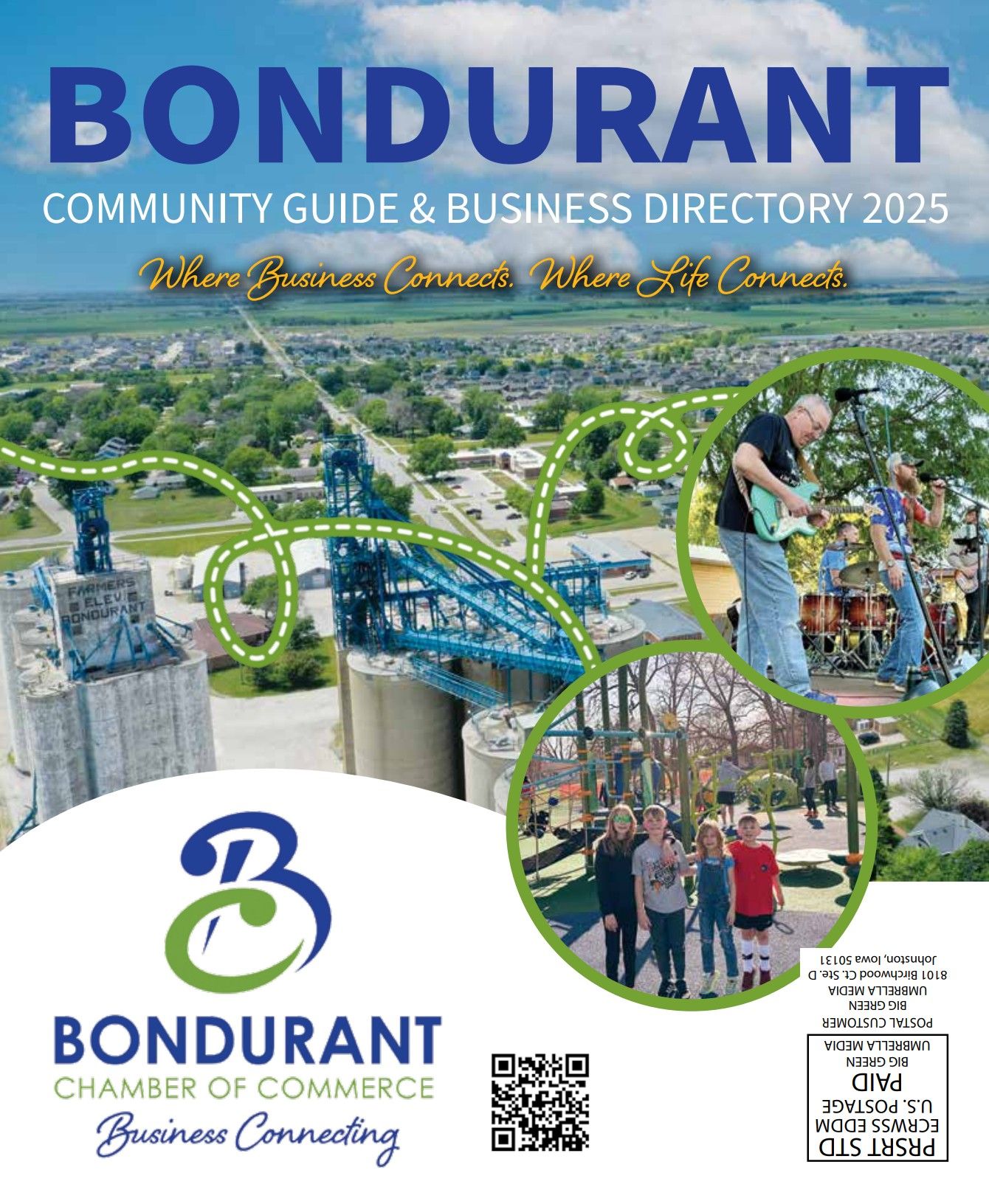 2025 Bondurant Chamber Community Guide front page showing grain district, musicians, and children in front of newly built playground